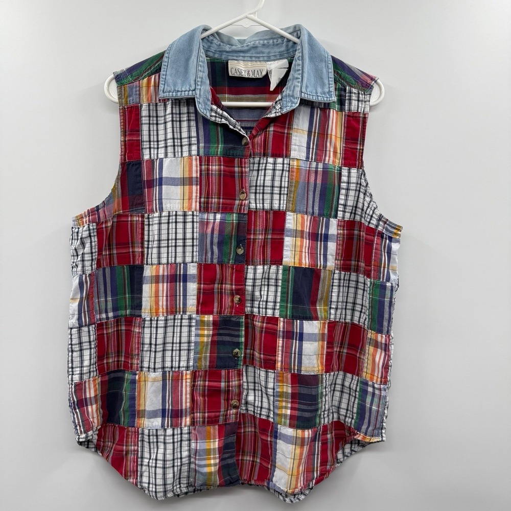 Vintage Casey and max madras patchwork sleeveless denim collar button up large